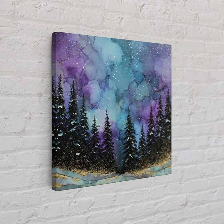 Aurora Borealis over Snowy Pines Framed Canvas Print, Celestial Art, Art Nouveau Decor, Living Room Decor, Fine Art, Celestial, CEL-1x1-41
