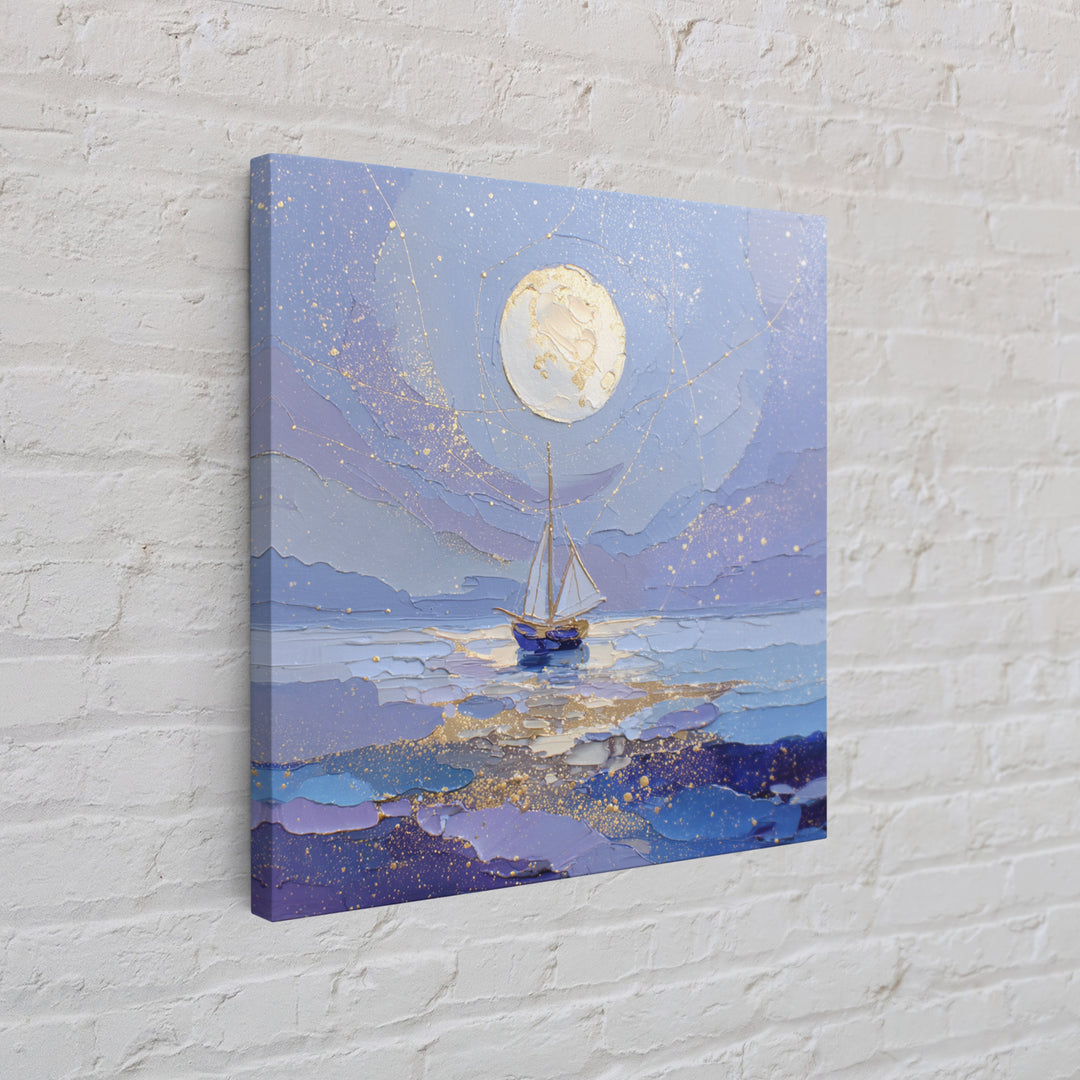 Tiny Sailboat Beneath a Huge Moon Framed Canvas Print, Celestial Art, Modern Art, Living Room Decor, Oil Painting, Celestial, CEL-1x1-43