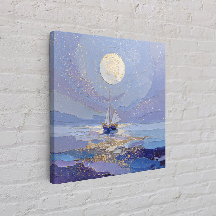 Tiny Sailboat Beneath a Huge Moon Framed Canvas Print, Celestial Art, Modern Art, Living Room Decor, Oil Painting, Celestial, CEL-1x1-43