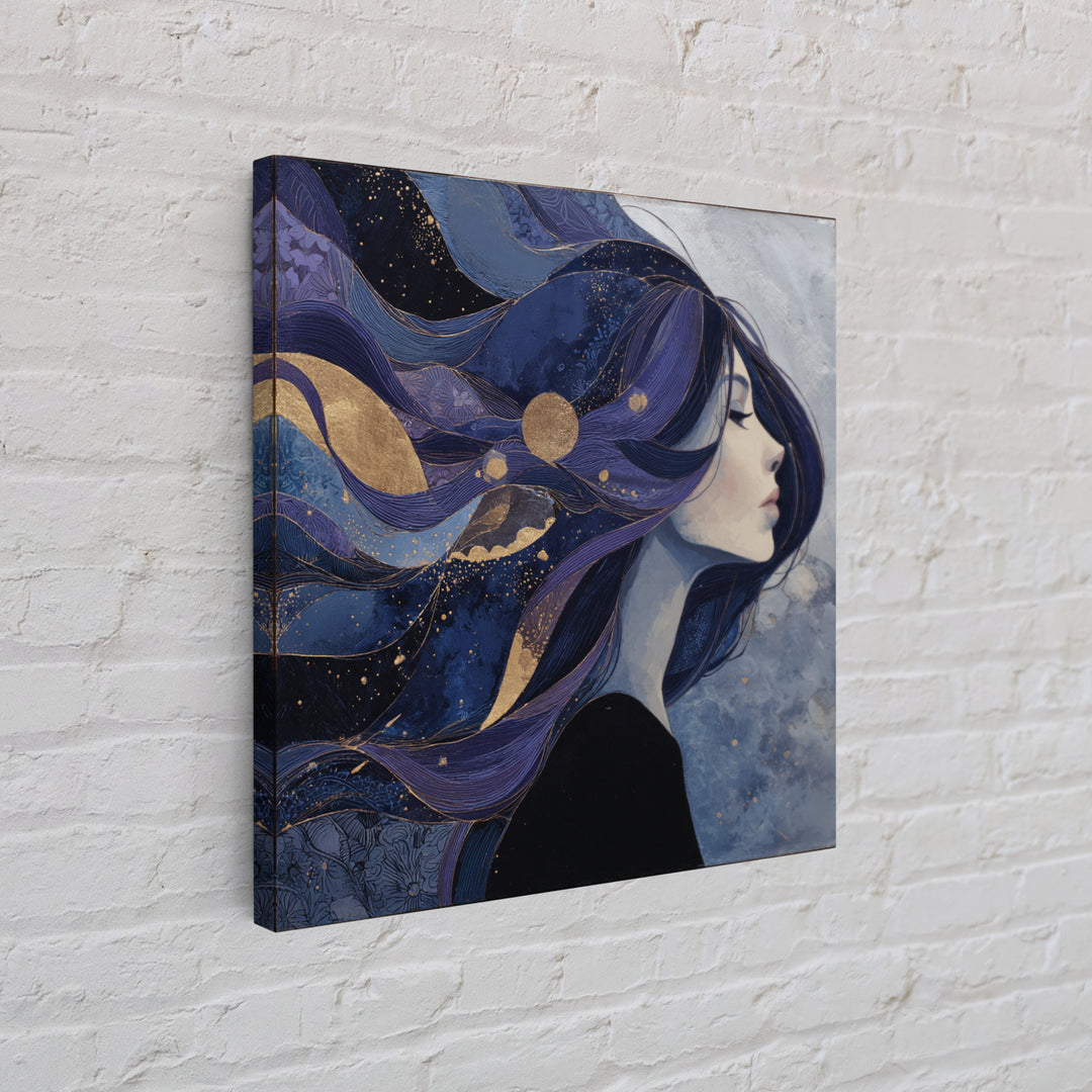 Celestial Goddess with Flowing Midnight Hair Framed Canvas Print, Celestial Art, Celestial, Living Room Decor, Celestial, CEL-1x1-7