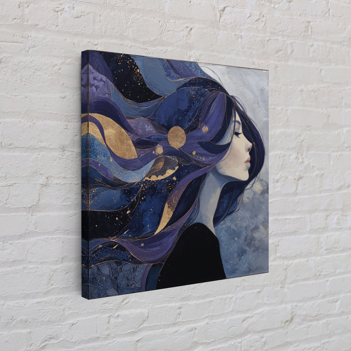 Celestial Goddess with Flowing Midnight Hair Framed Canvas Print, Celestial Art, Celestial, Living Room Decor, Celestial, CEL-1x1-7
