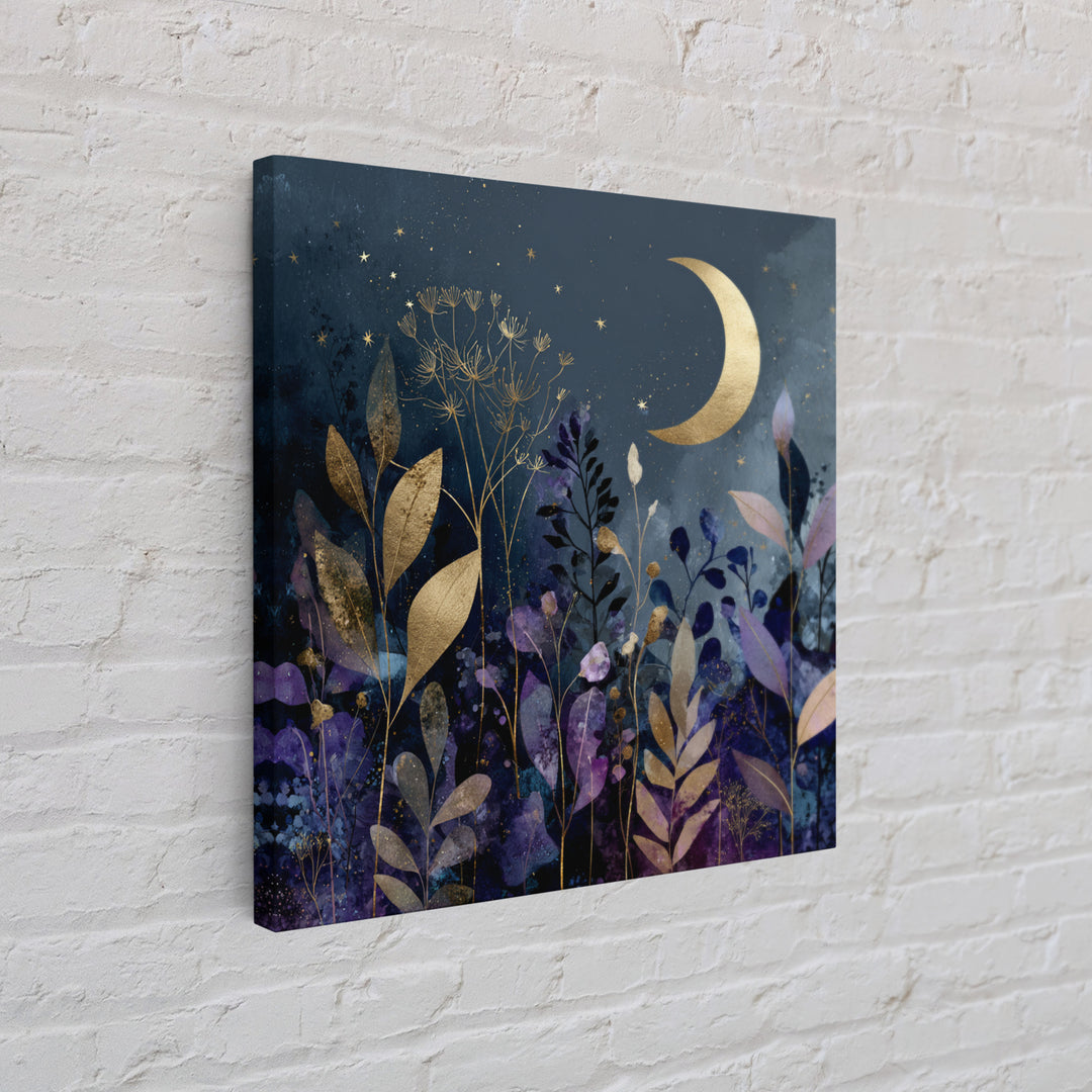 Lunar Phase Arc Above Delicate Botanicals Canvas Print, Celestial Art, Collage Art, Living Room Decor, Watercolor Art, CEL-1x1-76