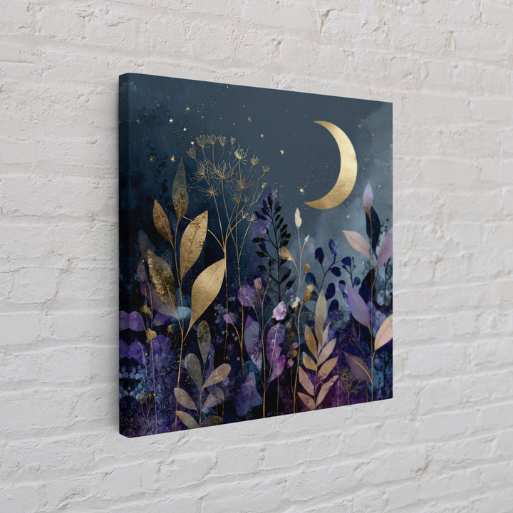 Lunar Phase Arc Above Delicate Botanicals Canvas Print, Celestial Art, Collage Art, Living Room Decor, Watercolor Art, CEL-1x1-76
