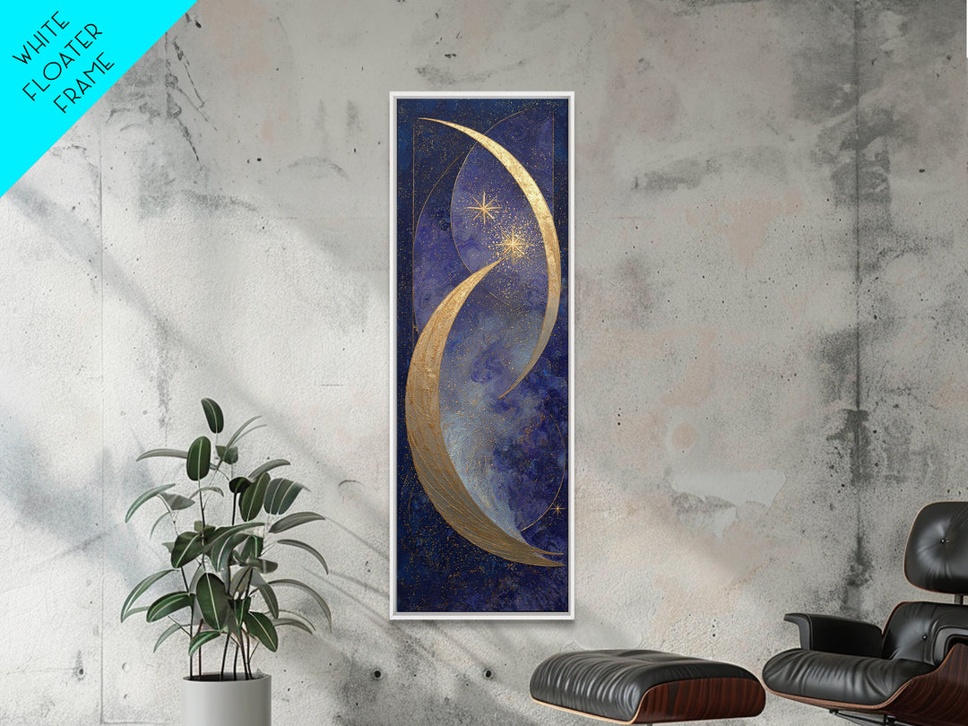 Crescent Moon Cradling a Cluster of Stars Framed Canvas Print, Celestial Art, Modern Decor, Living Room Decor, Celestial, CEL-1x3-61