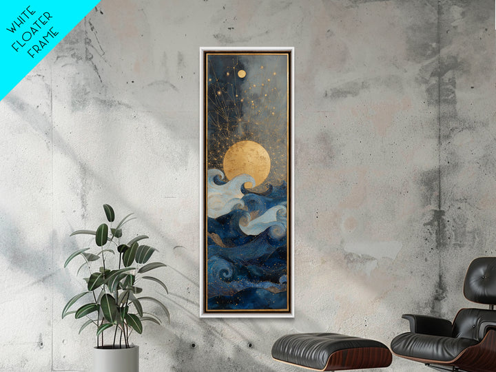 Golden Sun over Abstract Ocean Waves Framed Canvas Print, Celestial Art, Witchy Decor, Living Room Decor, Fine Art, Celestial, CEL-1x3-83