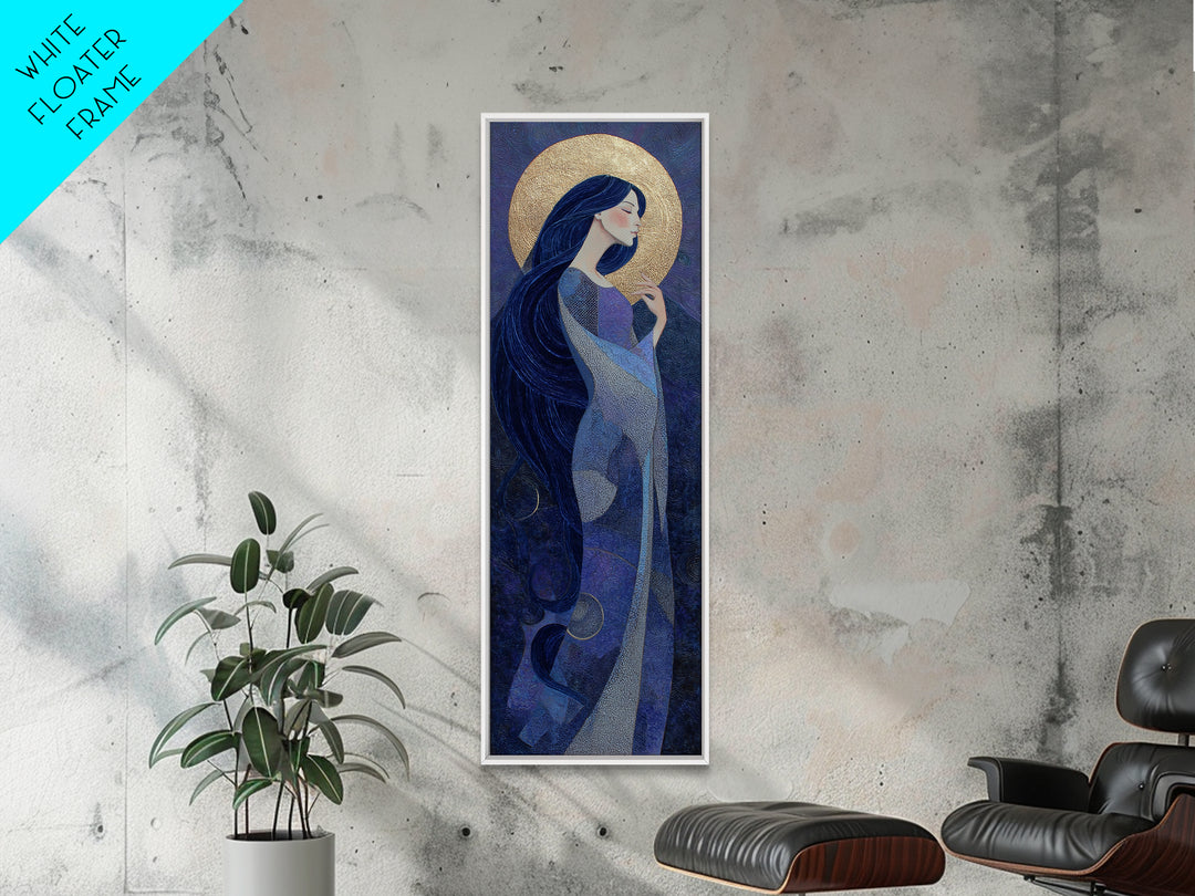 Celestial Goddess with Flowing Midnight Hair Framed Canvas Print, Celestial Art, Retro Wall Art, Living Room Decor, Celestial, CEL-1x3-91