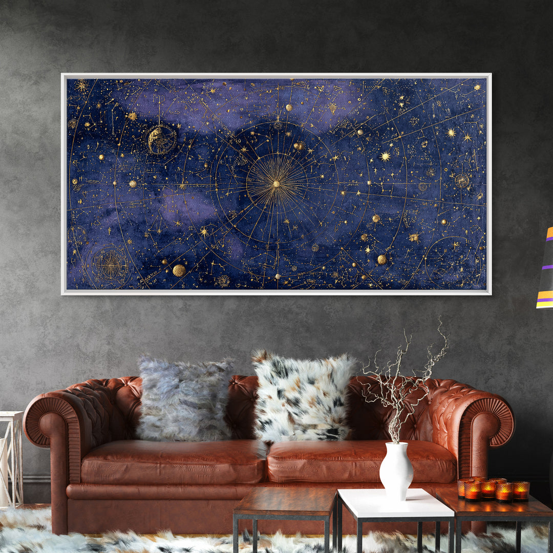 Gold Constellation Map on Deep Navy Texture Framed Canvas Print, Celestial Art, Whimsical Art, Living Room Decor, Celestial, CEL-2x1-100