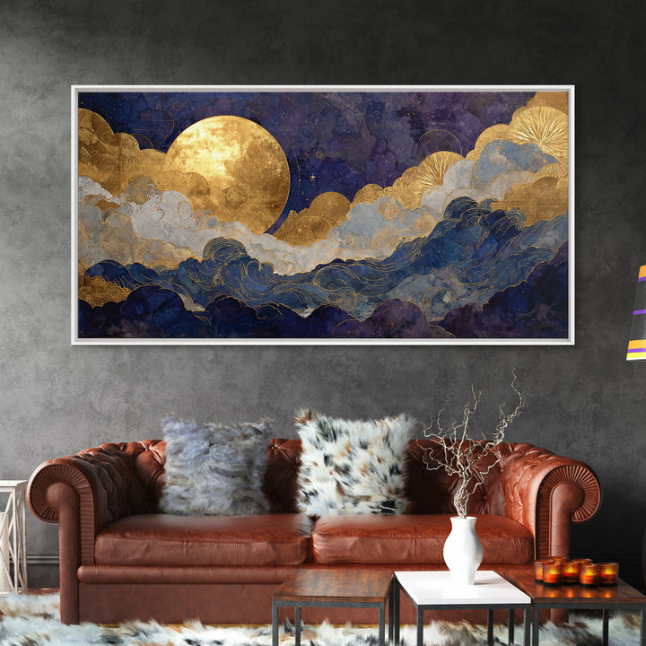 Golden Sun over Abstract Ocean Waves Framed Canvas Print, Celestial Art, Collage Art, Living Room Decor, Fine Art, Celestial, CEL-2x1-19