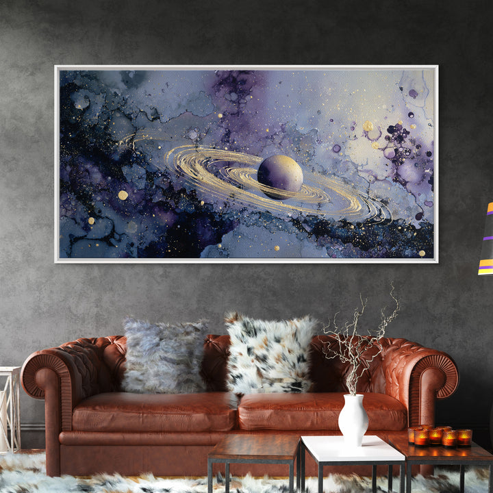 Glowing Planet with Rings and Tiny Moons Canvas Print, Celestial Art, Neutral Decor, Living Room Decor, Abstract Art, Celestial, CEL-2x1-2