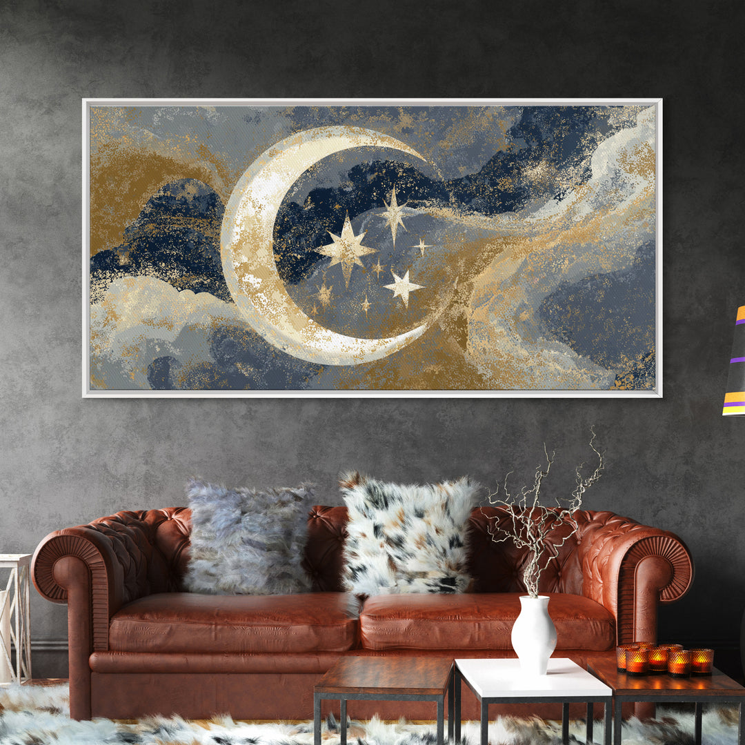 Crescent Moon Cradling a Cluster of Stars Canvas Print, Celestial Art, Luxury Decor, Living Room Decor, Oil Painting, Celestial, CEL-2x1-21