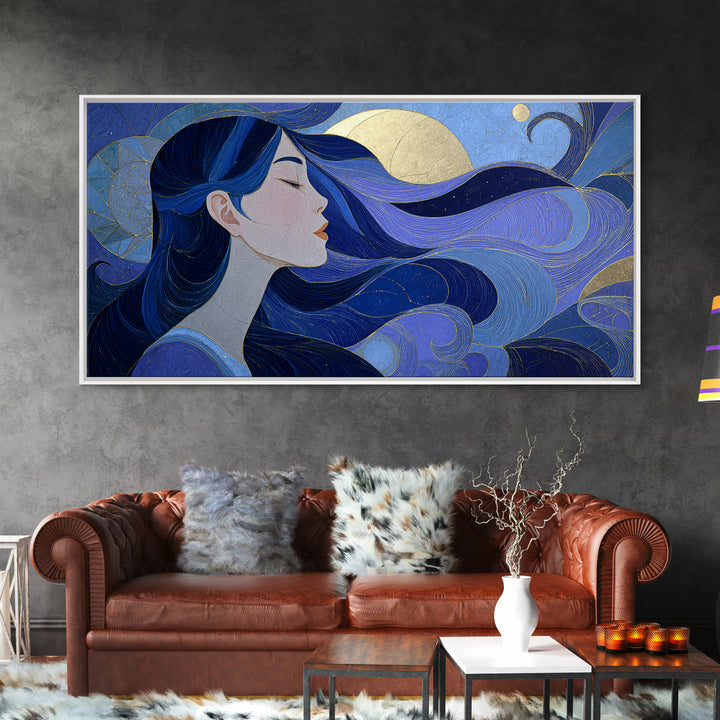 Celestial Goddess with Flowing Midnight Hair Framed Canvas Print, Celestial Art, Celestial, Living Room Decor, Celestial, CEL-2x1-3