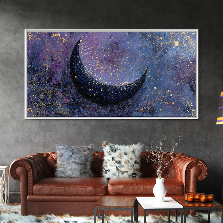 Crescent Moon Cradling a Cluster of Stars Framed Canvas Print, Celestial Art, Contemporary Art, Living Room Decor, Celestial, CEL-2x1-45