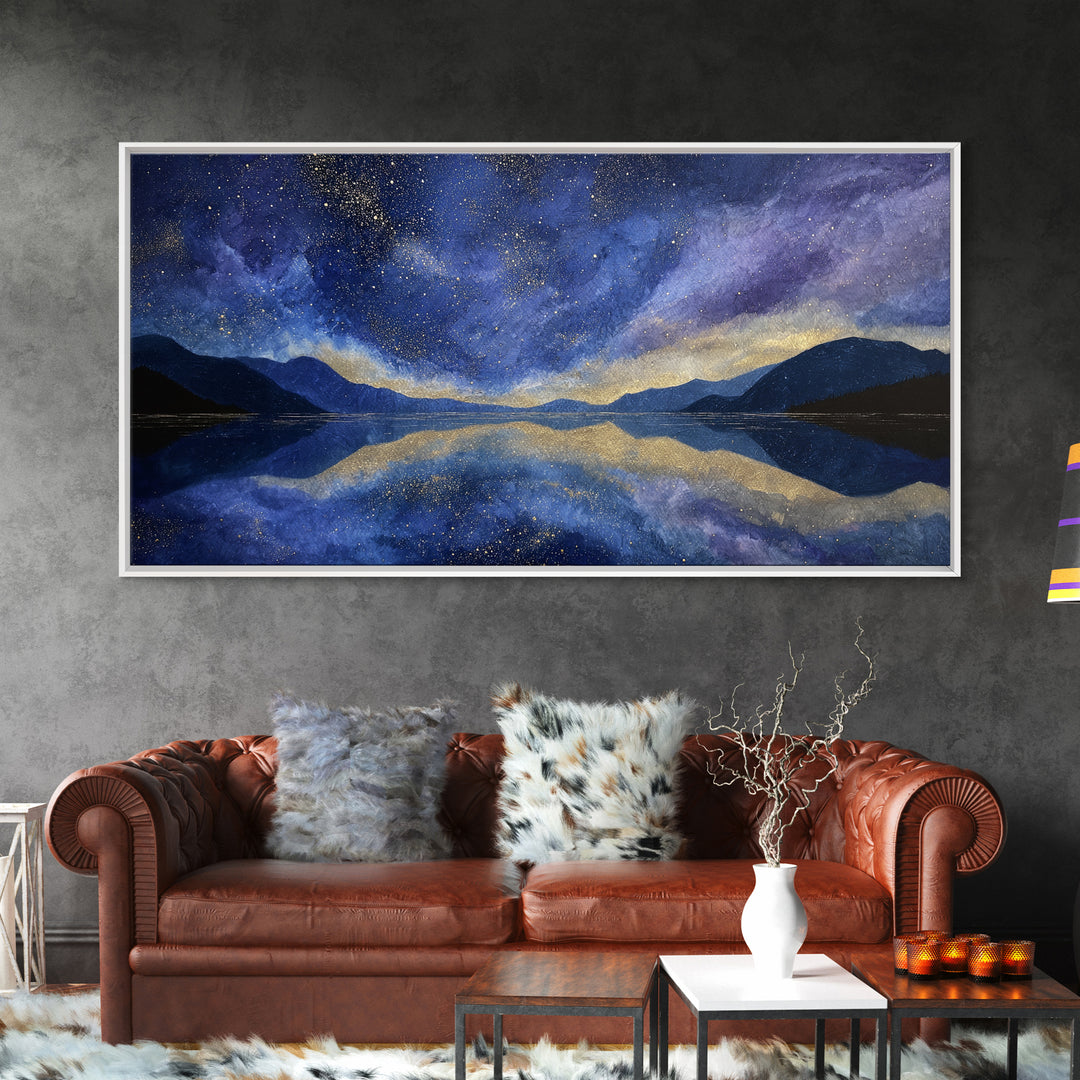 Night Sky over a Quiet Mountain Lake Canvas Print, Celestial Art, Celestial, Living Room Decor, Celestial, Colorful Wall Art, CEL-2x1-47