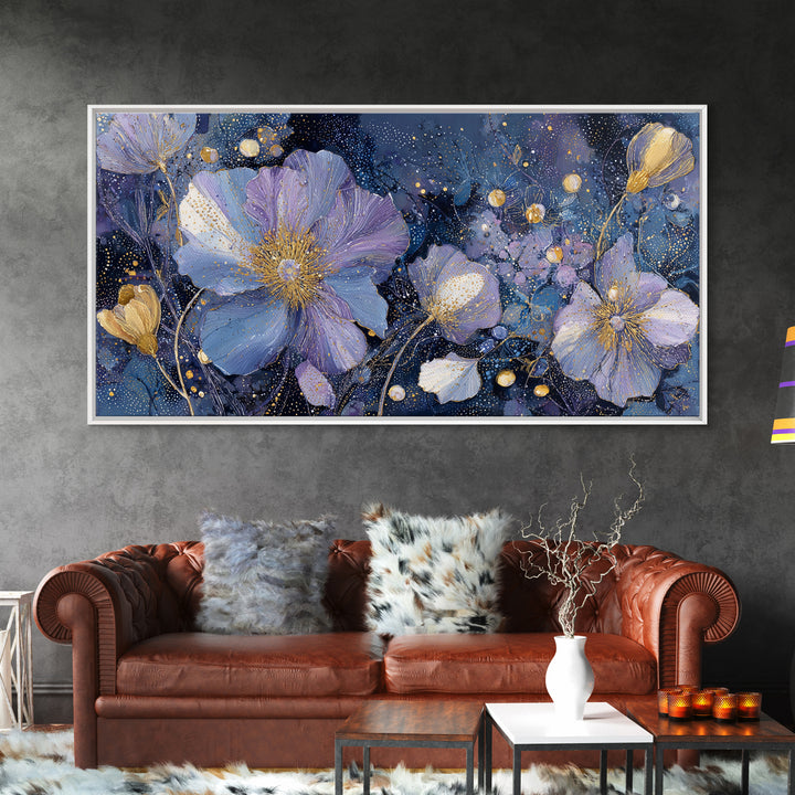 Moon Garden with Night Blooming Flowers Framed Canvas Print, Celestial Art, Minimalist Decor, Living Room Decor, Celestial, CEL-2x1-65