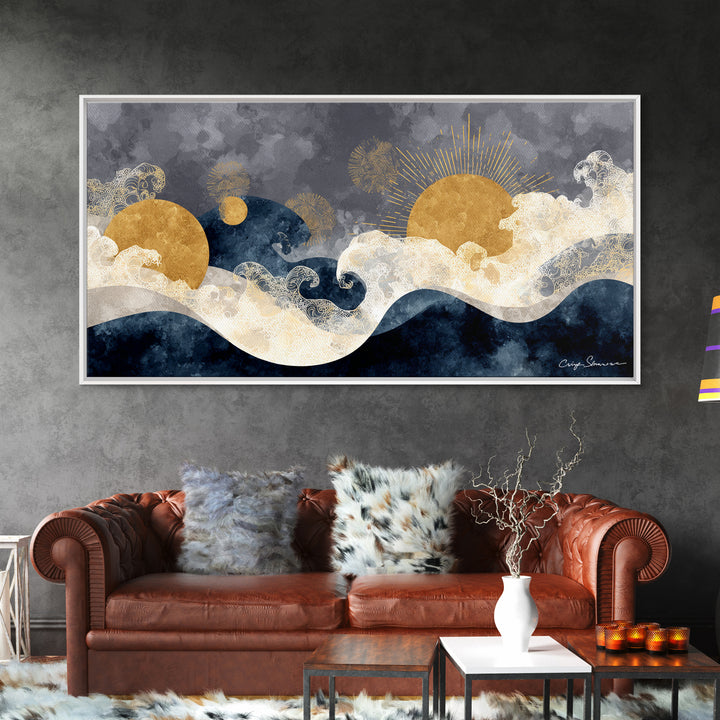 Golden Sun over Abstract Ocean Waves Framed Canvas Print, Celestial Art, Art Nouveau Decor, Living Room Decor, Celestial, CEL-2x1-67