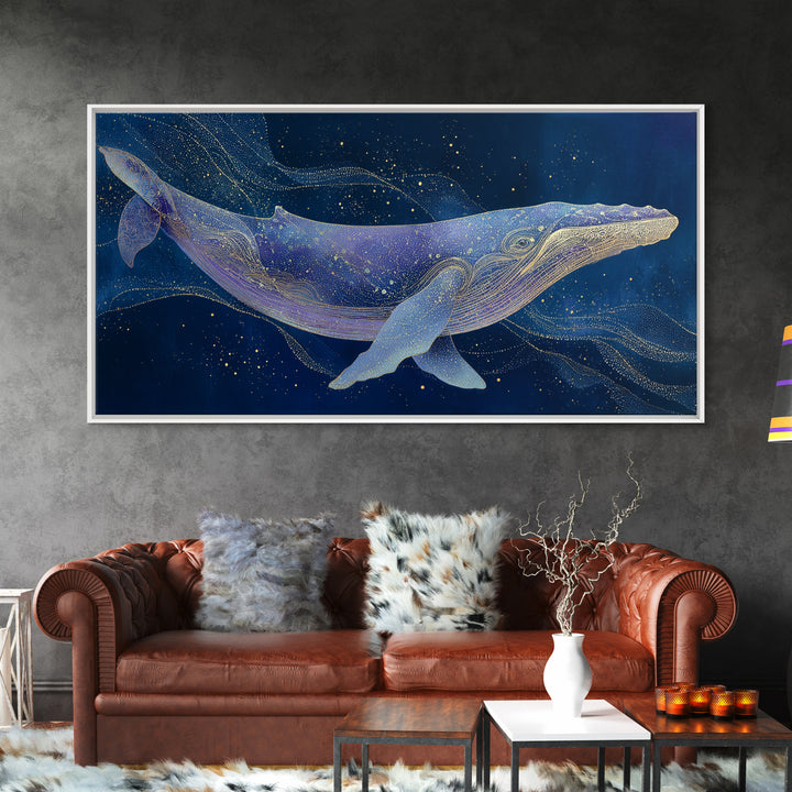 Cosmic Whale Swimming Through a Star Field Framed Canvas Print, Celestial Art, Digital Print, Living Room Decor, Celestial, CEL-2x1-97