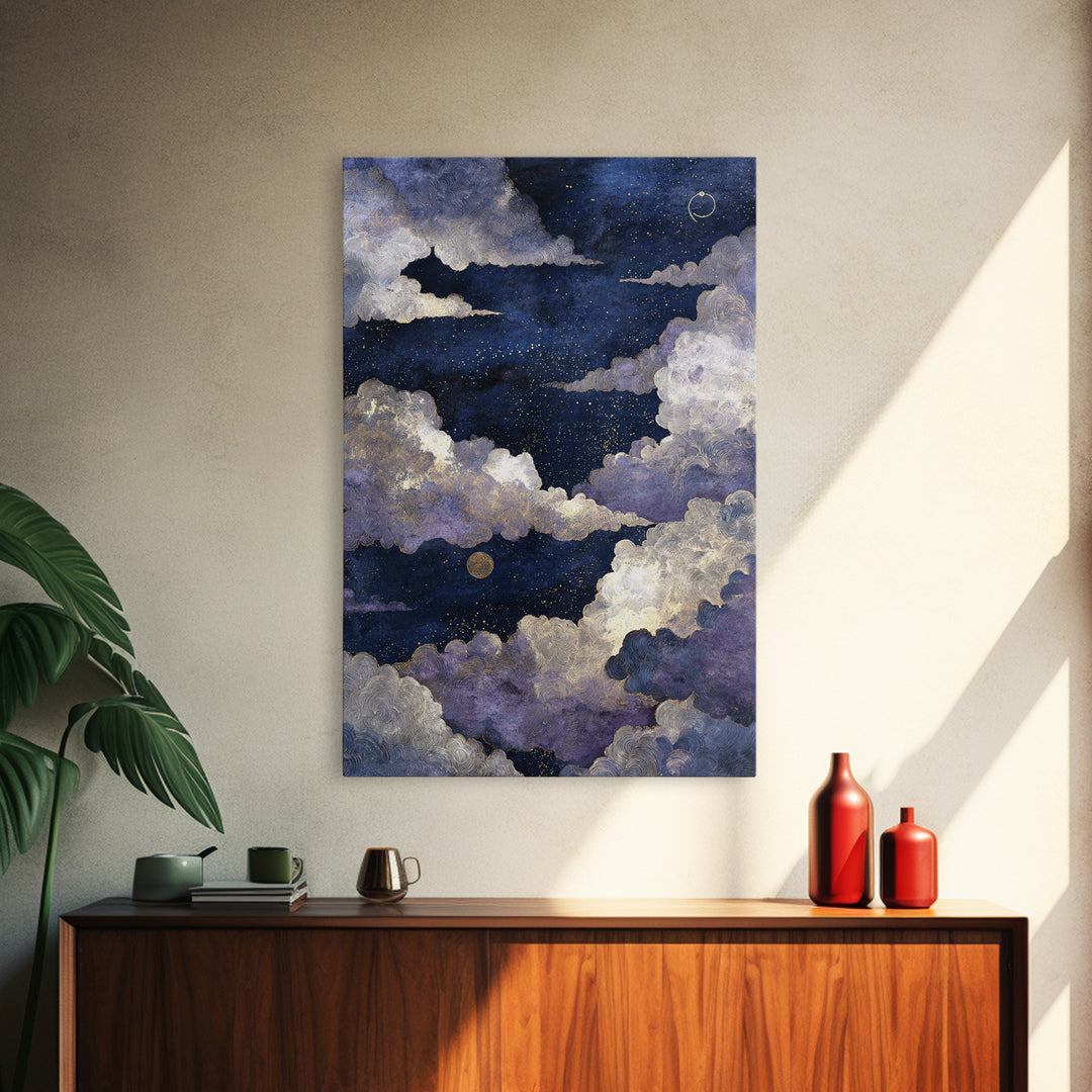 Moonlit Cloudscape with Silver Highlights Canvas Print, Celestial Art, Textured Painting, Living Room Decor, Celestial, CEL-2x3-17