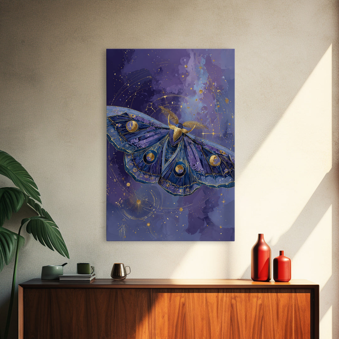 Celestial Moth with Moon Markings Framed Canvas Print, Celestial Art, Gallery Decor, Living Room Decor, Abstract Art, Celestial, CEL-2x3-26