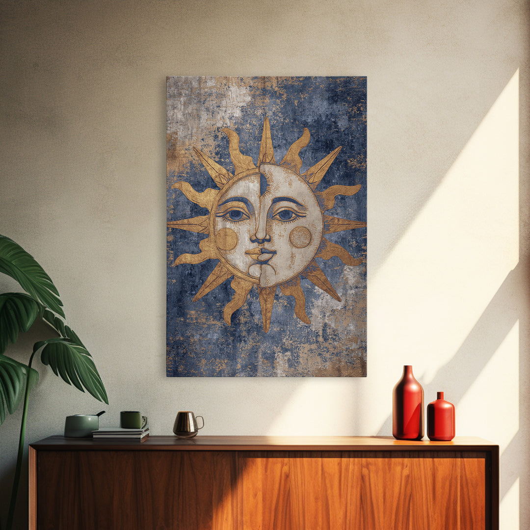 Sun and Moon Faces Framed Canvas Print, Celestial Art, Luxury Decor, Living Room Decor, Oil Painting, Celestial, Digital Print, CEL-2x3-34