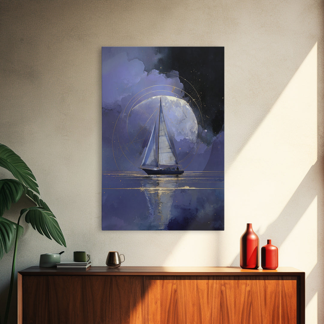 Tiny Sailboat Beneath a Huge Moon Framed Canvas Print, Celestial Art, Animal Prints, Living Room Decor, Oil Painting, Celestial, CEL-2x3-51