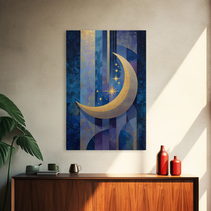 Crescent Moon Cradling a Cluster of Stars Canvas Print, Celestial Art, Living Room Decor, Oil Painting, Celestial, CEL-2x3-57
