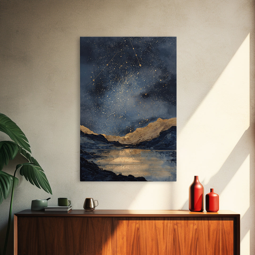 Night Sky over a Quiet Mountain Lake Framed Canvas Print, Celestial Art, Boho Decor, Living Room Decor, Fine Art, Celestial, CEL-2x3-59