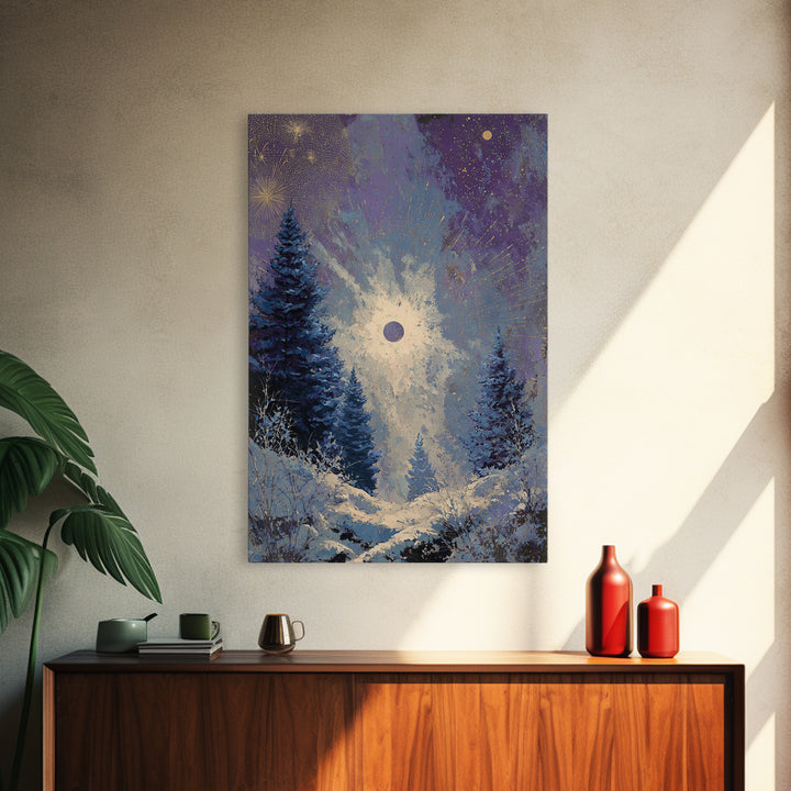 Aurora Borealis over Snowy Pines Framed Canvas Print, Celestial Art, Printable Wall Art, Living Room Decor, Fine Art, Celestial, CEL-2x3-73