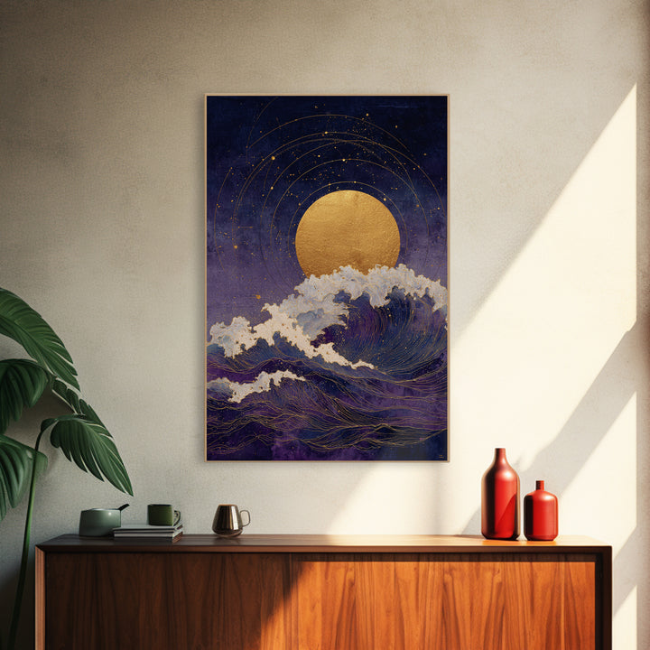 Golden Sun over Abstract Ocean Waves Canvas Print, Celestial Art, Statement Artwork, Living Room Decor, Fine Art, Celestial, CEL-2x3-79