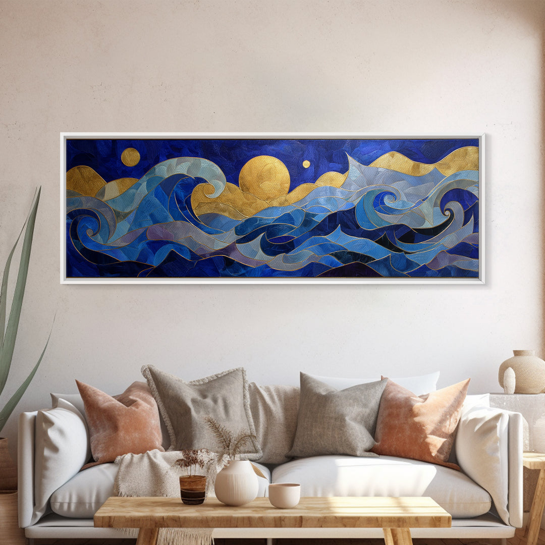 Golden Sun over Abstract Ocean Waves Framed Canvas Print, Celestial Art, Art Nouveau Decor, Living Room Decor, Celestial, CEL-3x1-15