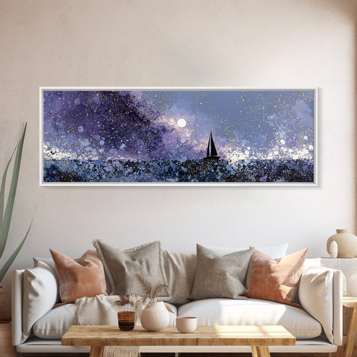 Tiny Sailboat Beneath a Huge Moon Canvas Print, Celestial Art, Statement Artwork, Living Room Decor, Fine Art, Celestial, CEL-3x1-35