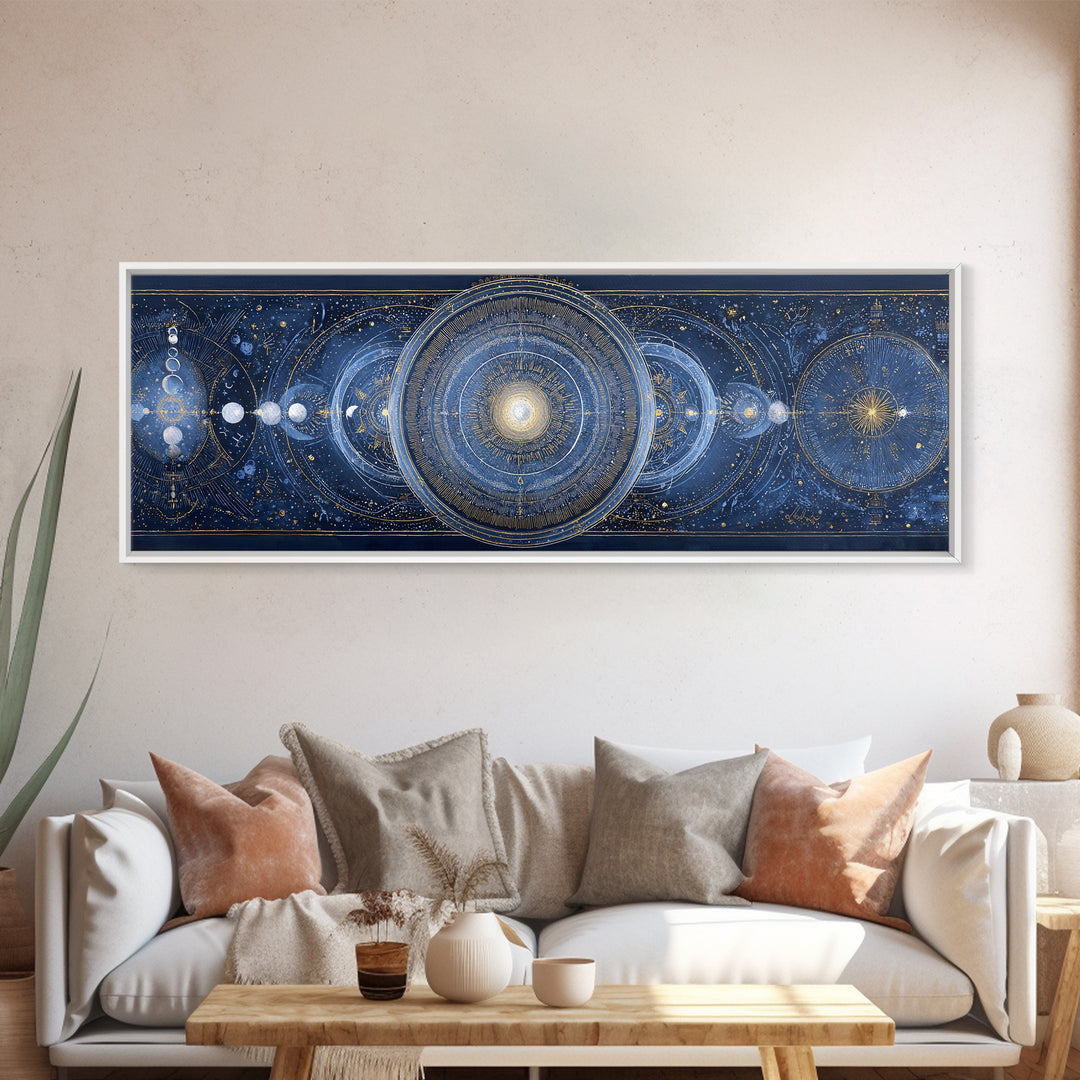 Lunar Phase Arc Above Delicate Botanicals Canvas Print, Celestial Art, Gallery Decor, Living Room Decor, Celestial, CEL-3x1-44