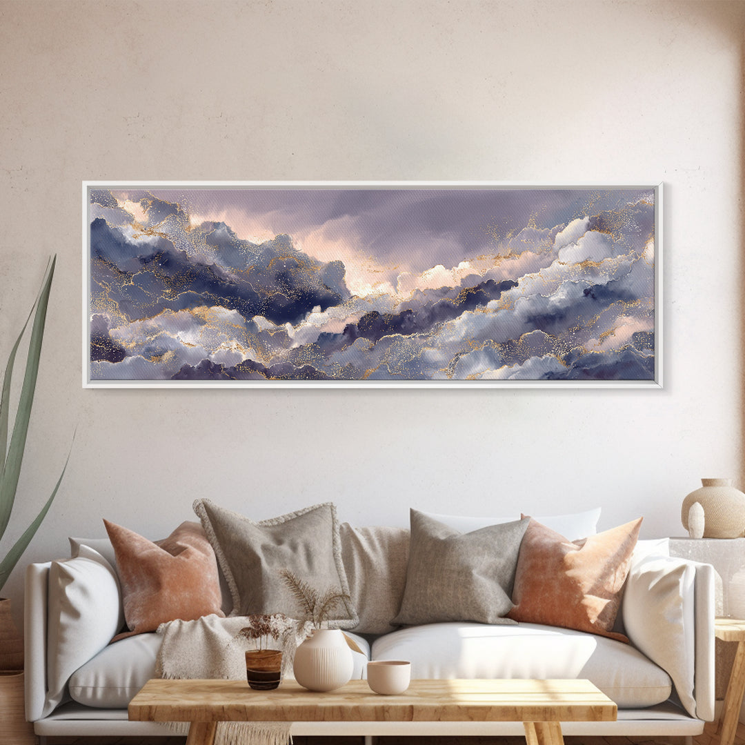 Moonlit Cloudscape with Silver Highlights Canvas Print, Celestial Art, Watercolor Painting, Living Room Decor, Abstract Art, CEL-3x1-49