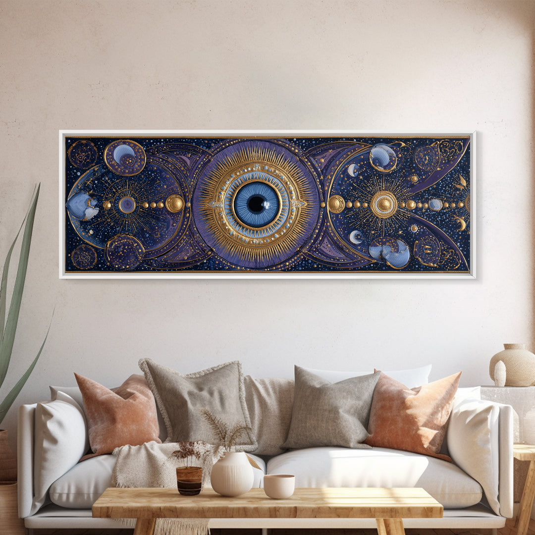 Mystic Eye Surrounded by Moons and Constellations Framed Canvas Print, Celestial Art, Art Print, Living Room Decor, Celestial, CEL-3x1-56