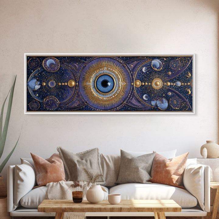 Mystic Eye Surrounded by Moons and Constellations Framed Canvas Print, Celestial Art, Art Print, Living Room Decor, Celestial, CEL-3x1-56