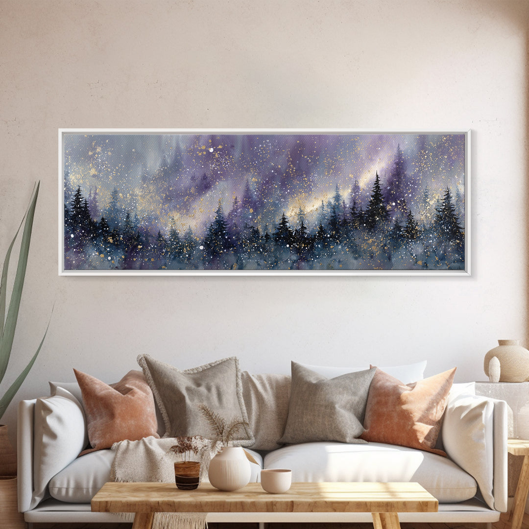 Aurora Borealis over Snowy Pines Framed Canvas Print, Celestial Art, Retro Wall Art, Living Room Decor, Fine Art, Celestial, CEL-3x1-57