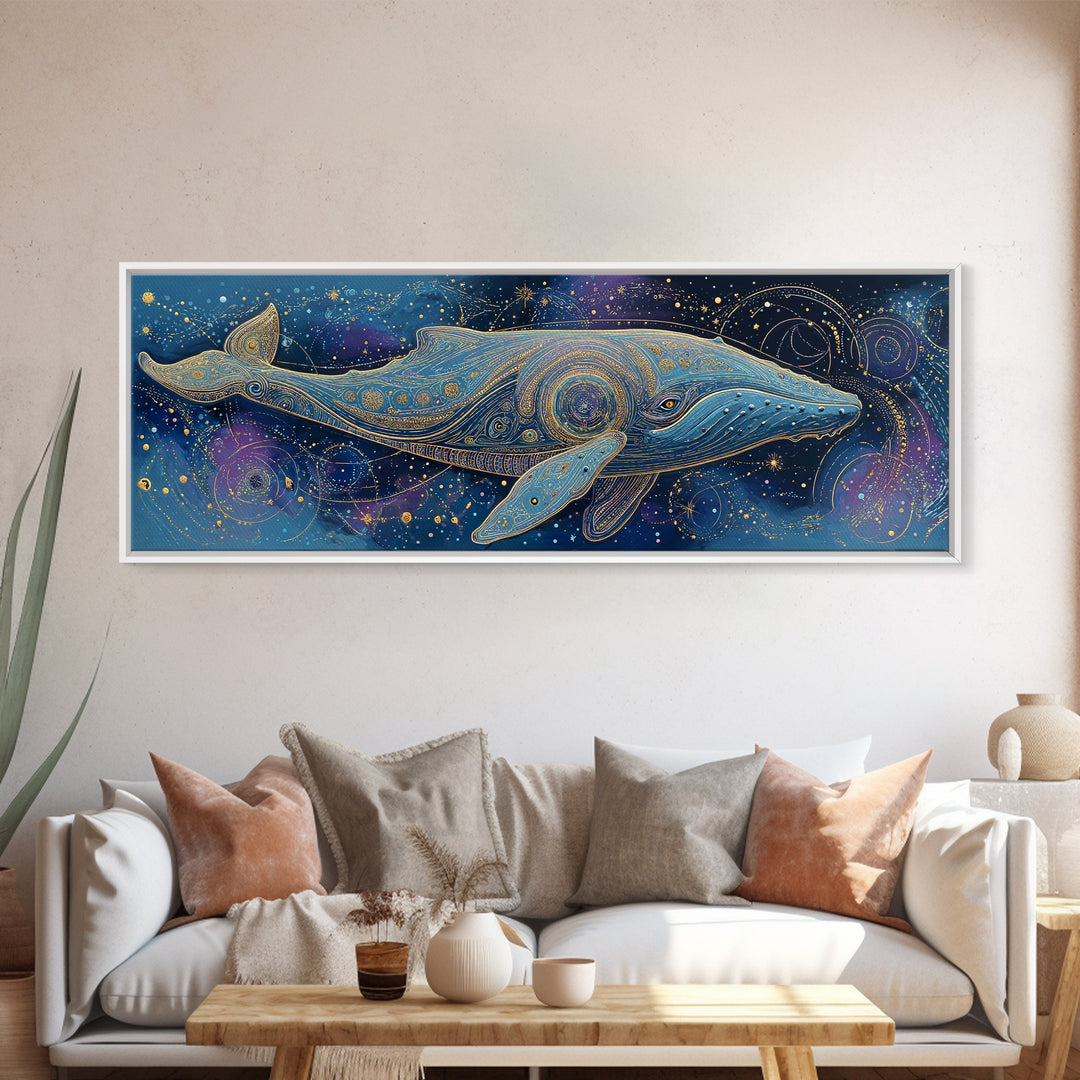 Cosmic Whale Swimming Through a Star Field Framed Canvas Print, Celestial Art, Modern Art, Living Room Decor, Celestial, CEL-3x1-69