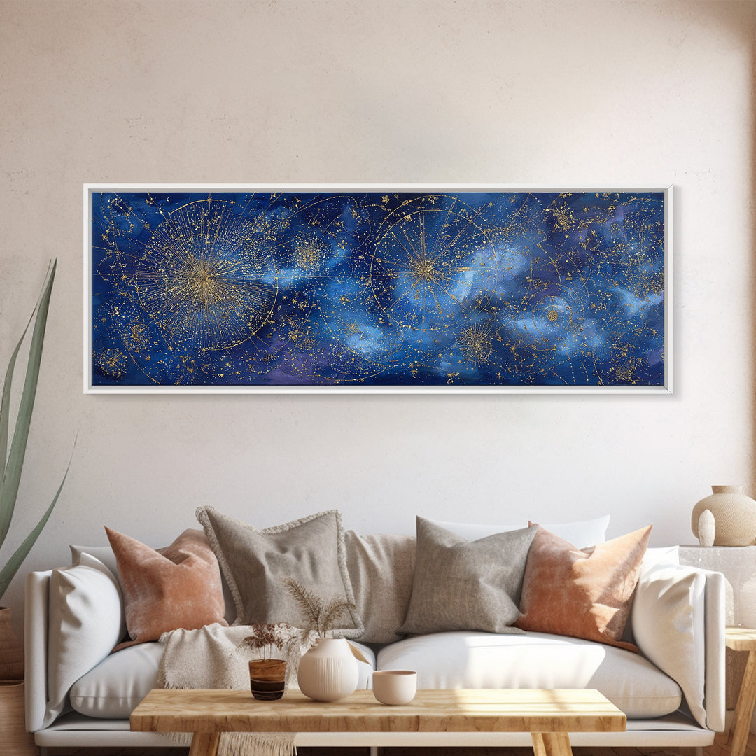 Gold Constellation Map on Deep Navy Texture Framed Canvas Print, Celestial Art, Minimalist Decor, Living Room Decor, Celestial, CEL-3x1-72