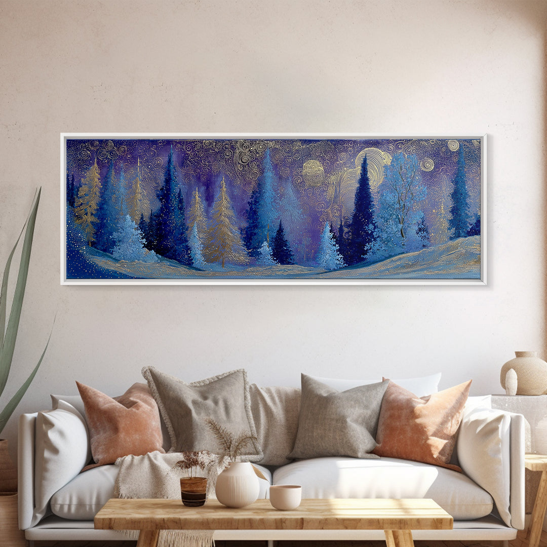 Aurora Borealis over Snowy Pines Framed Canvas Print, Celestial Art, Retro Wall Art, Living Room Decor, Fine Art, Celestial, CEL-3x1-81