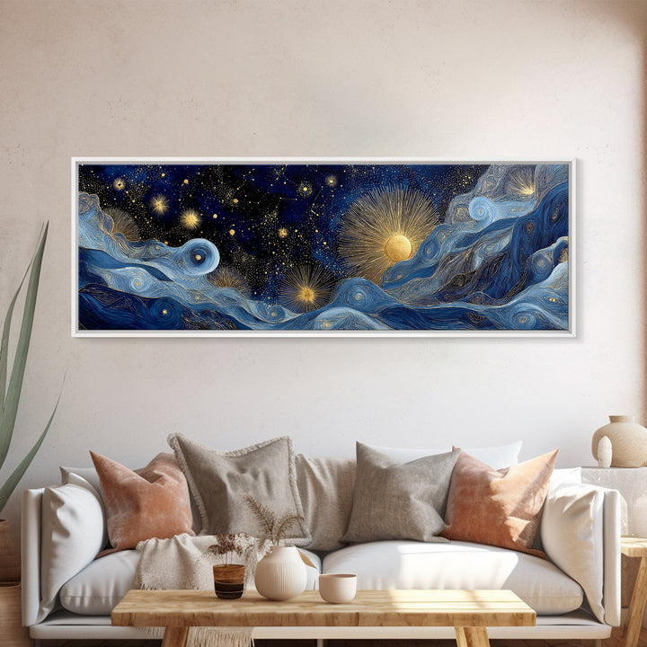 Golden Sun over Abstract Ocean Waves Framed Canvas Print, Celestial Art, Digital Art, Living Room Decor, Watercolor Art, CEL-3x1-87