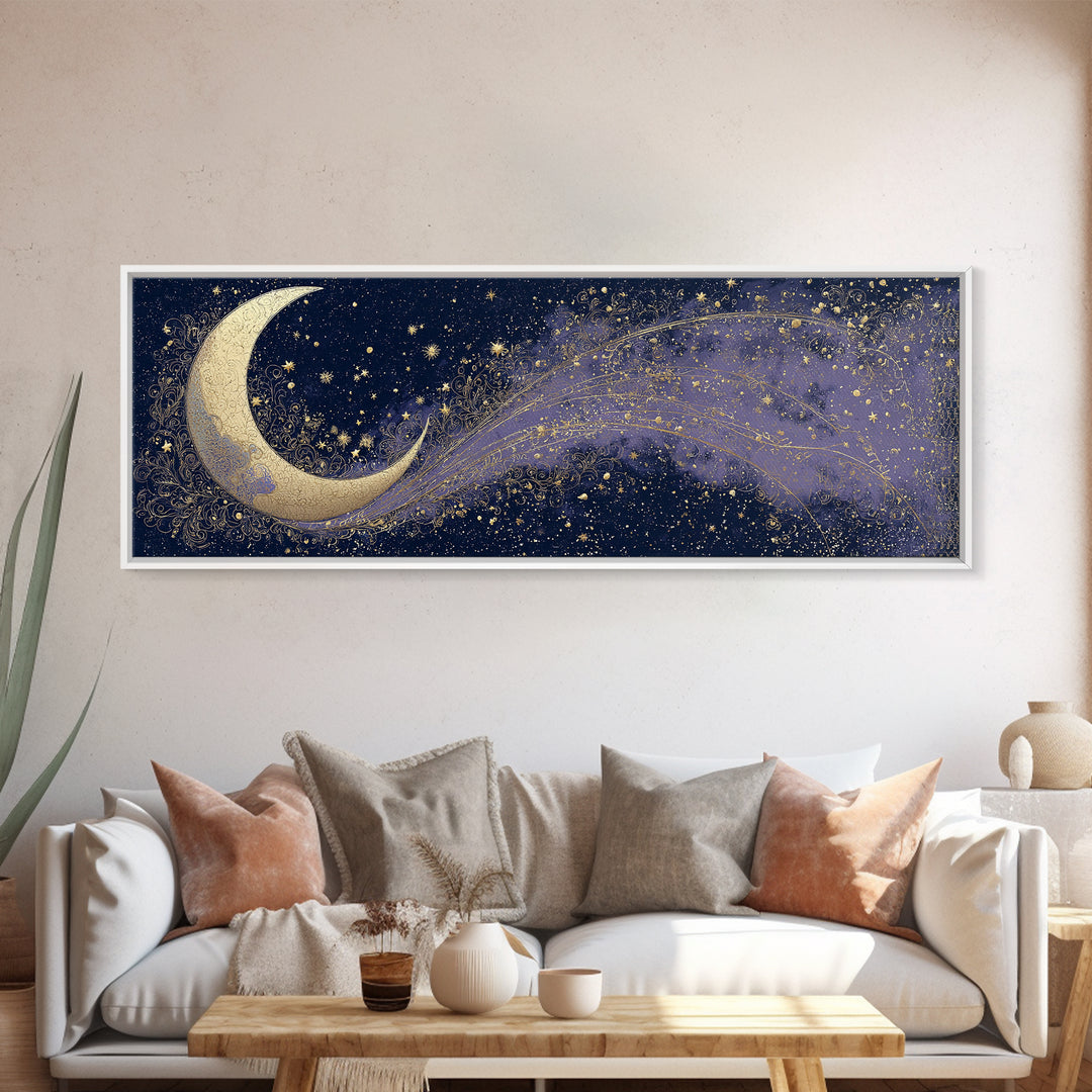 Crescent Moon Cradling a Cluster of Stars Canvas Print, Celestial Art, Digital Download Art, Living Room Decor, Celestial, CEL-3x1-89