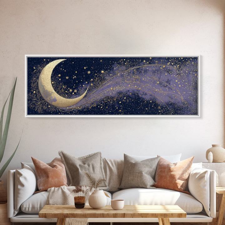 Crescent Moon Cradling a Cluster of Stars Canvas Print, Celestial Art, Digital Download Art, Living Room Decor, Celestial, CEL-3x1-89