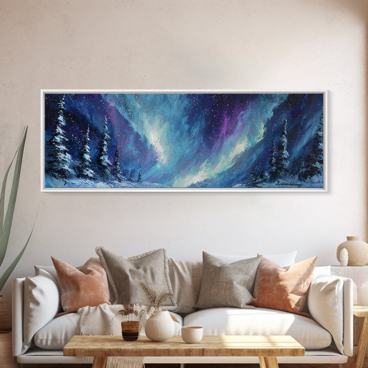 Aurora Borealis over Snowy Pines Framed Canvas Print, Celestial Art, Digital Art, Living Room Decor, Fine Art, Celestial, CEL-3x1-9