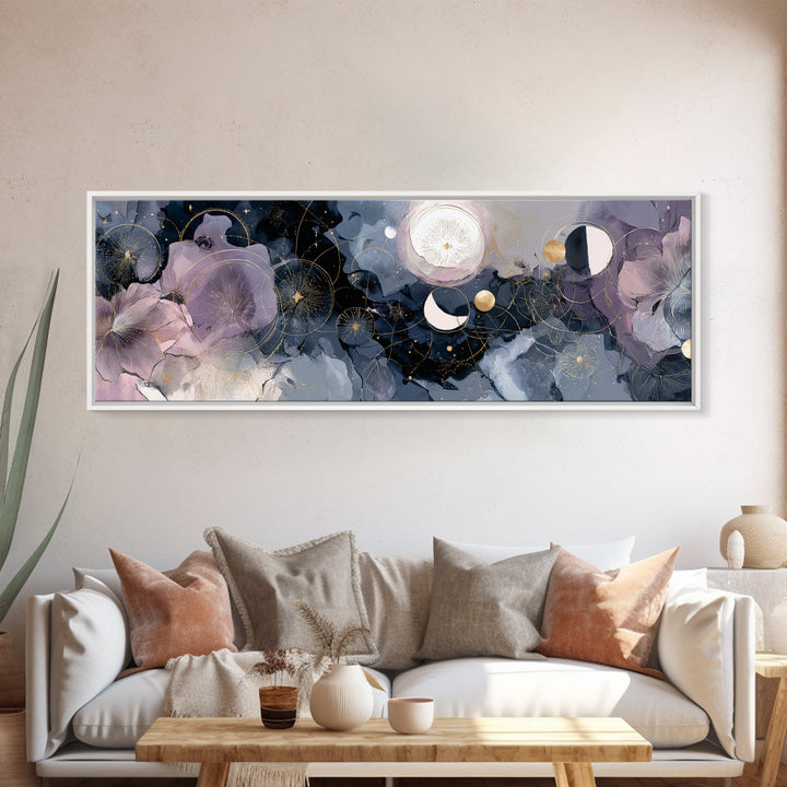 Lunar Phase Arc Above Delicate Botanicals Canvas Print, Celestial Art, Digital Art, Living Room Decor, Fine Art, Celestial, CEL-3x1-92