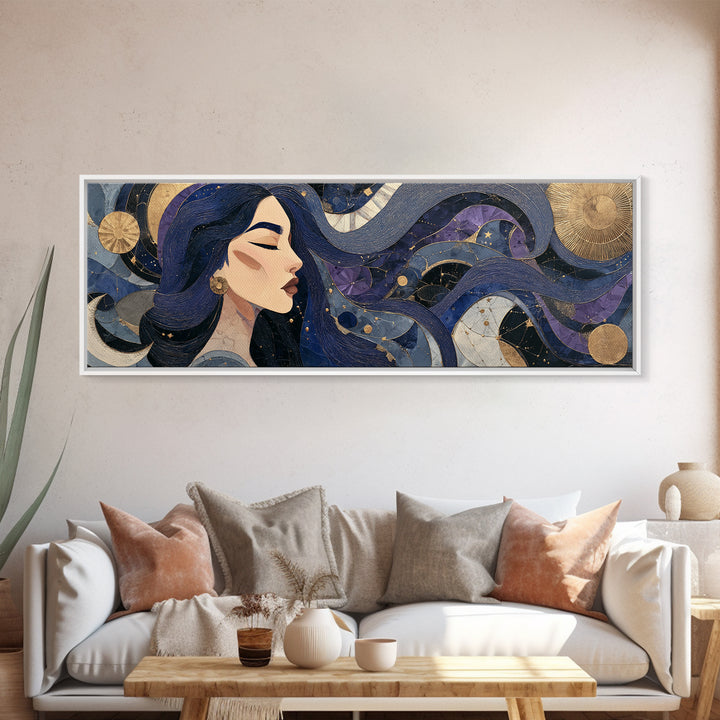 Celestial Goddess with Flowing Midnight Hair Canvas Print, Celestial Art, Gallery Decor, Living Room Decor, Fine Art, Celestial, CEL-3x1-95