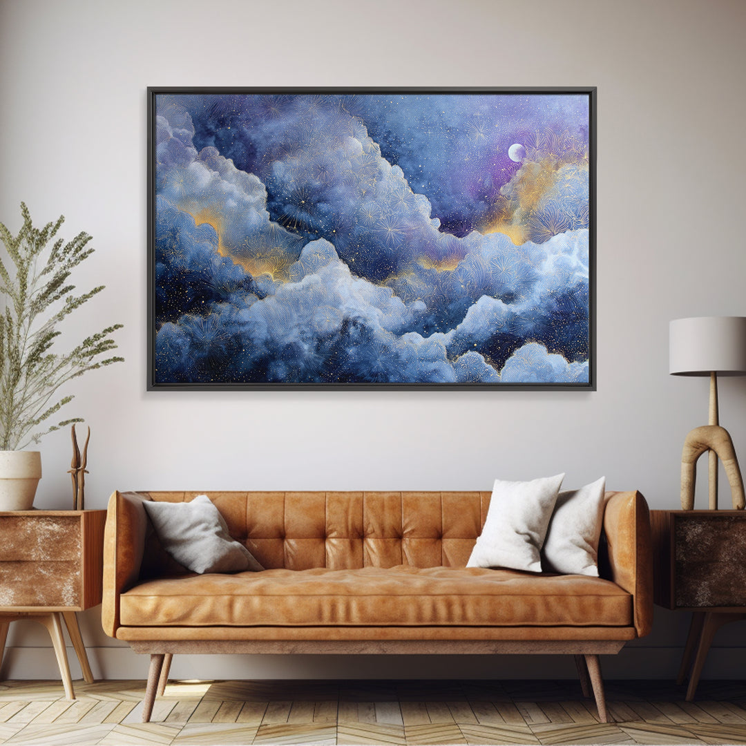 Moonlit Cloudscape with Silver Highlights Canvas Print, Celestial Art, Printable Art, Living Room Decor, Celestial, CEL-3x2-13