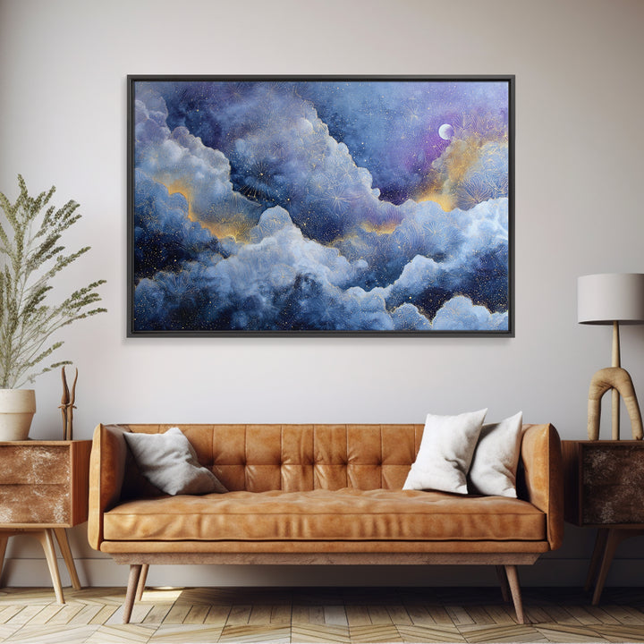 Moonlit Cloudscape with Silver Highlights Canvas Print, Celestial Art, Printable Art, Living Room Decor, Celestial, CEL-3x2-13