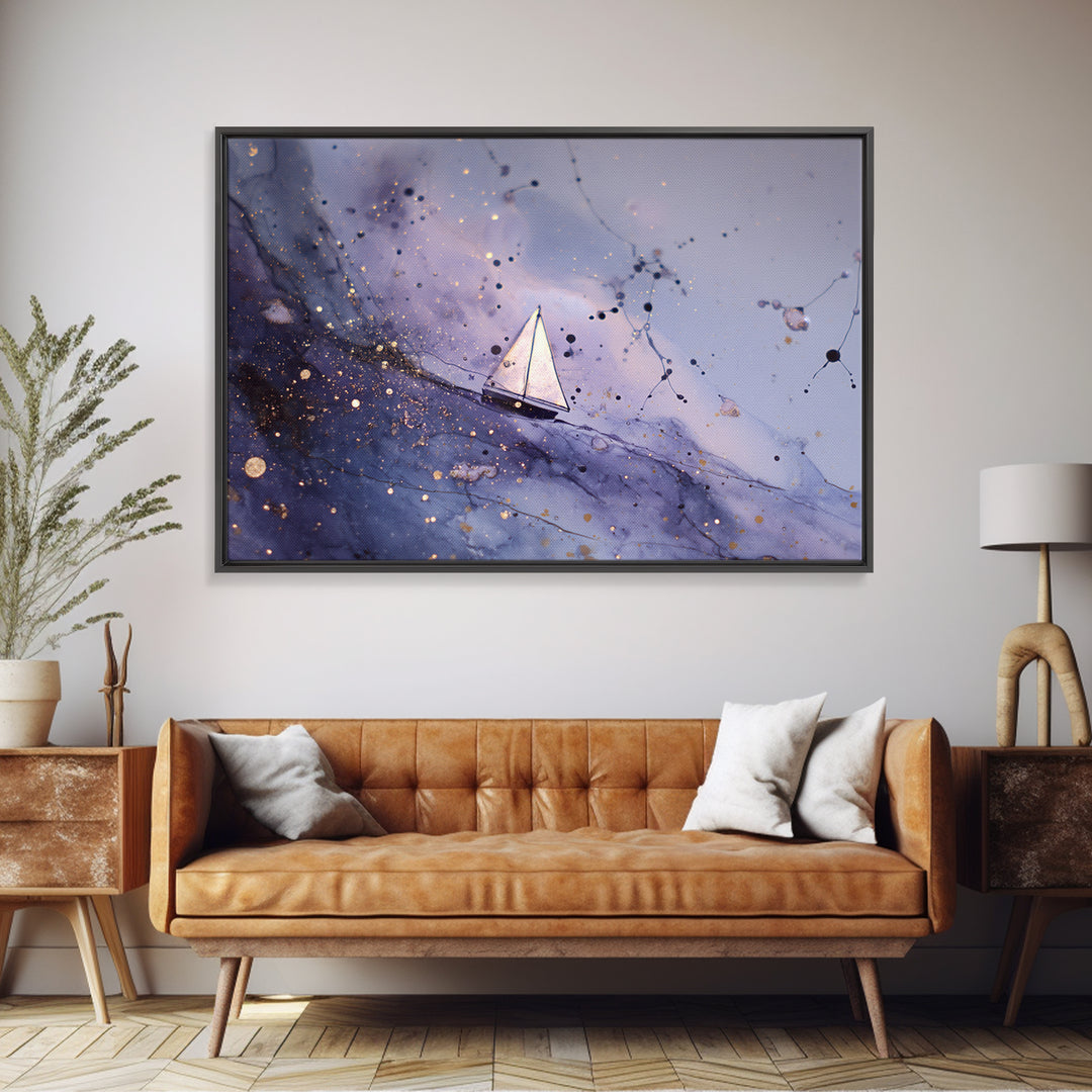 Tiny Sailboat Beneath a Huge Moon Framed Canvas Print, Celestial Art, Digital Print, Living Room Decor, Fine Art, Celestial, CEL-3x2-23