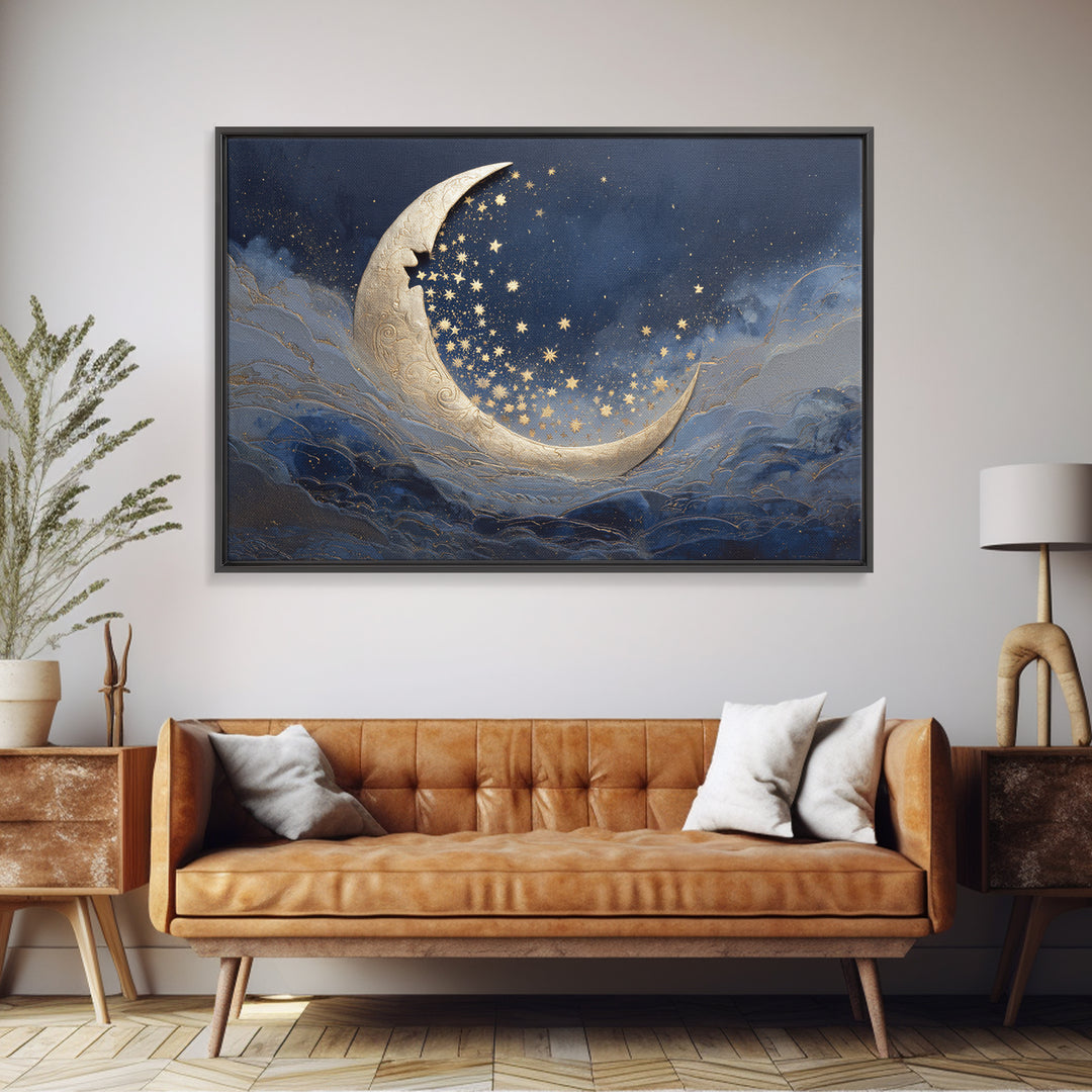 Crescent Moon Cradling a Cluster of Stars Canvas Print, Celestial Art, Modern Art, Living Room Decor, Fine Art, Celestial, CEL-3x2-29