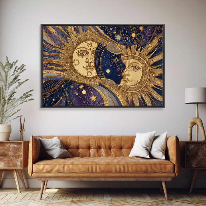 Sun and Moon Faces Canvas Print, Celestial Art, Boho Wall Art, Living Room Decor, Fine Art, Celestial, Boho Home Decor, CEL-3x2-54