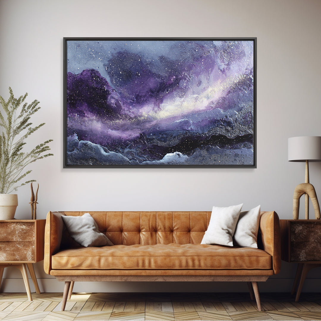 Dreamlike Comet Crossing a Violet Sky Framed Canvas Print, Celestial Art, Colorful Wall Art, Living Room Decor, Abstract Art, CEL-3x2-64